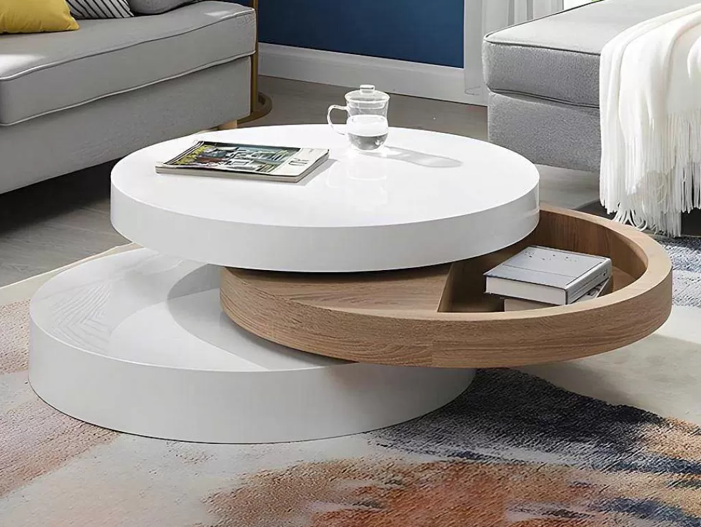 Mesa De Centro*Vente-unique Mesa De Centro Giratoria Redonda Em Mdf Cor Branco E Carvalho - Janita