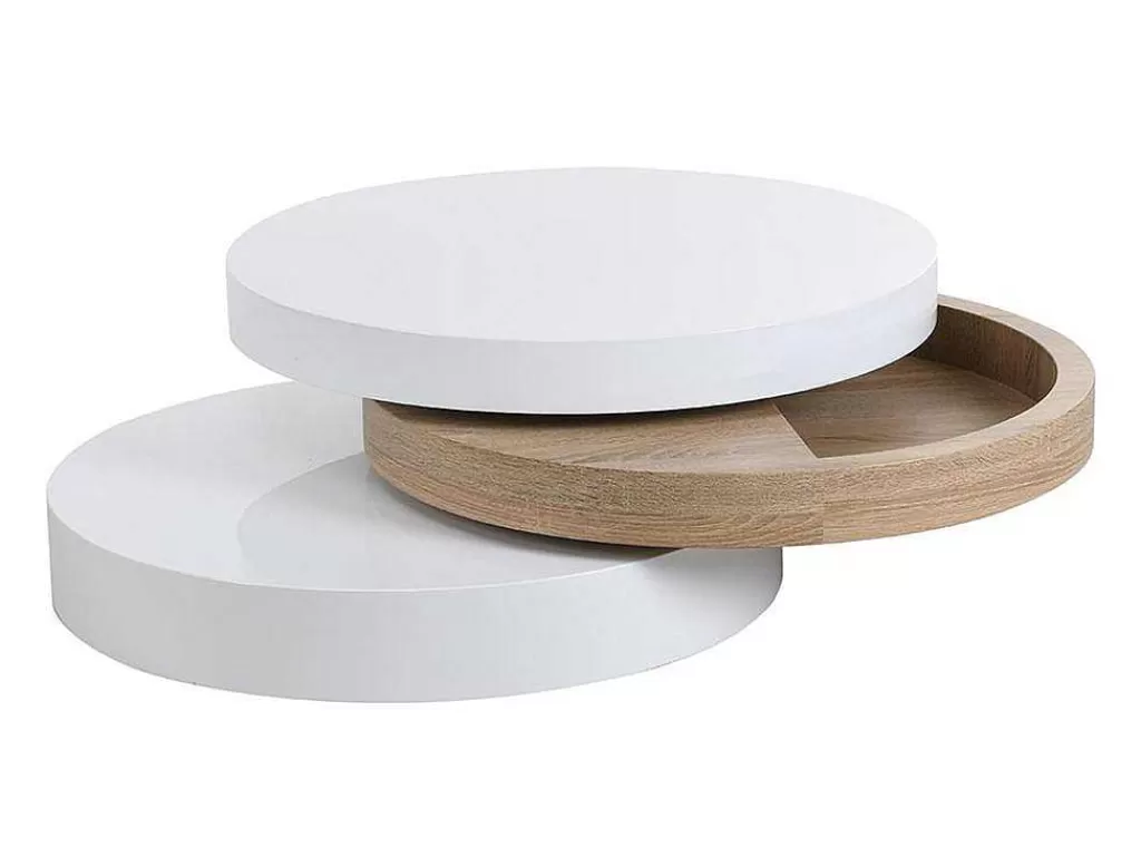 Mesa De Centro*Vente-unique Mesa De Centro Giratoria Redonda Em Mdf Cor Branco E Carvalho - Janita