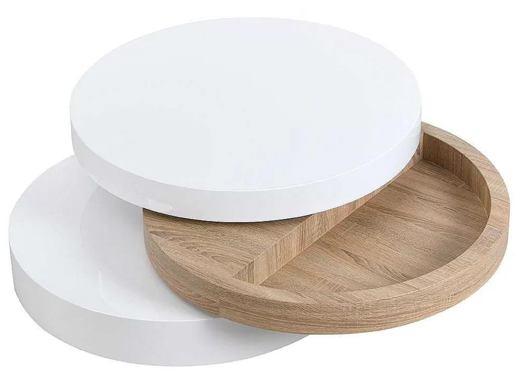 Mesa De Centro*Vente-unique Mesa De Centro Giratoria Redonda Em Mdf Cor Branco E Carvalho - Janita