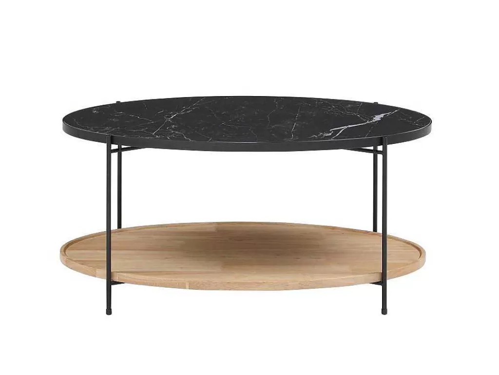 Promoções Sala*Vente-unique Mesa De Centro Tampo Duplo Em Ceramica E Madeira De Hevea, Efeito Marmore Preto E Natural - Fudila