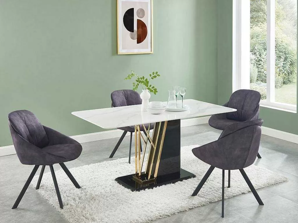 Mesa De Jantar*Vente-unique Mesa De Jantar 6 Lugares Em Ceramica E Mdf Efeito Marmore Branco, Dourado E Lacado A Preto - Ballarat