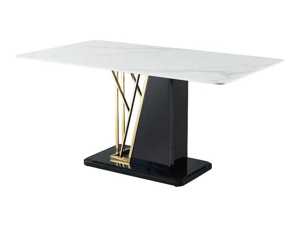 Mesa De Jantar*Vente-unique Mesa De Jantar 6 Lugares Em Ceramica E Mdf Efeito Marmore Branco, Dourado E Lacado A Preto - Ballarat