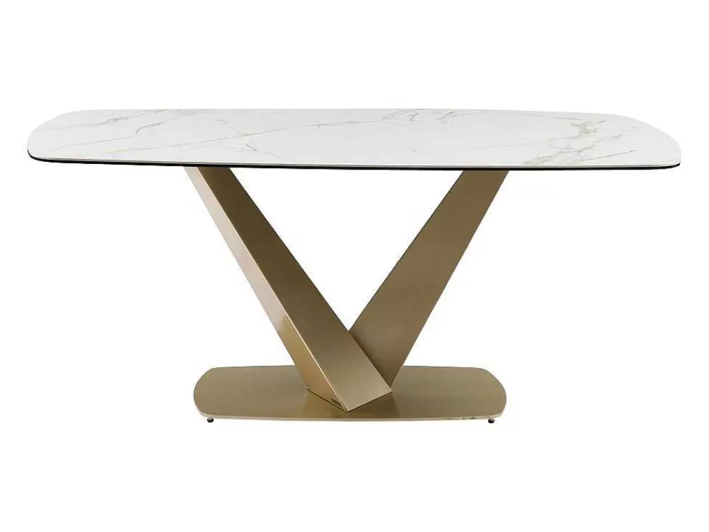 Mesa De Jantar*PASCAL MORABITO Mesa De Jantar De 6 Lugares Em Ceramica E Metal Efeito Marmore Branco E Dourado - Porelima De