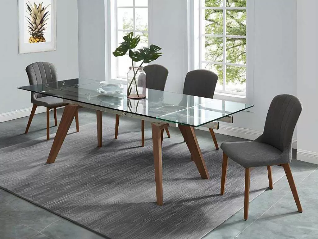 Mesa De Jantar*Vente-unique Mesa De Jantar Extensivel Altamira - 6 A 8 Lugares - Vidro Temperado E Metal Efeito Nogueira