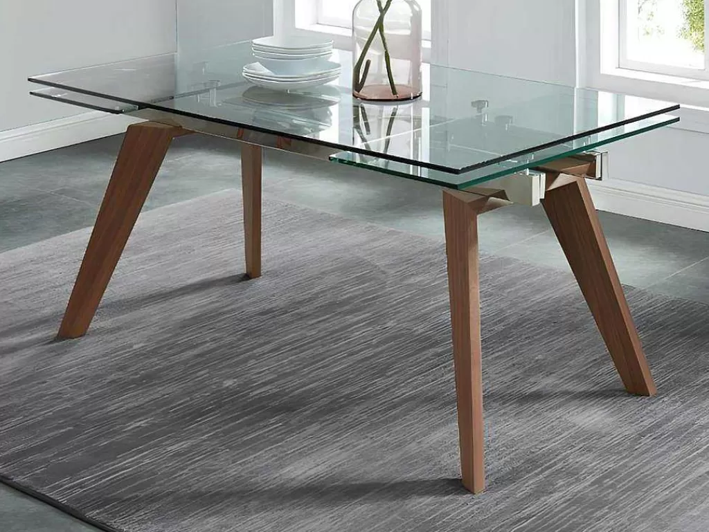 Mesa De Jantar*Vente-unique Mesa De Jantar Extensivel Altamira - 6 A 8 Lugares - Vidro Temperado E Metal Efeito Nogueira