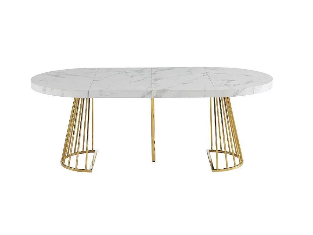 Mesa De Jantar*Vente-unique Mesa De Jantar Extensivel De 2 A 12 Lugares Em Mdf E Aco Efeito Marmore Branco E Dourado - Firela