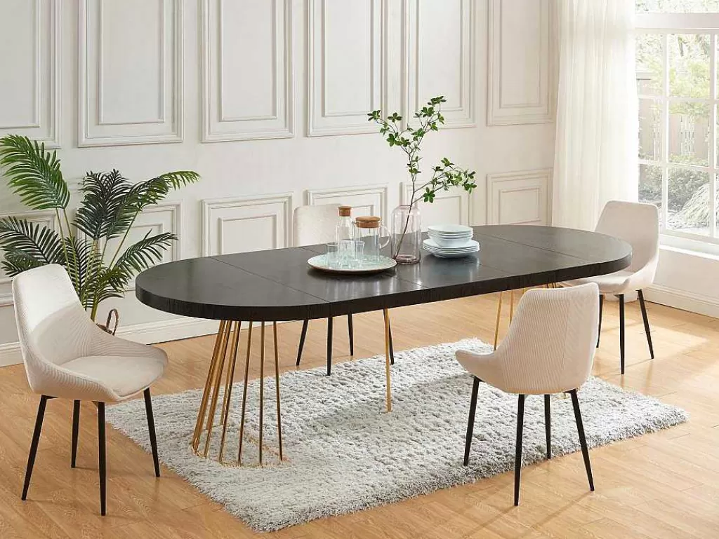 Mesa De Jantar*Vente-unique Mesa De Jantar Extensivel De 2 A 12 Lugares Em Mdf E Aco Preto E Dourado - Firela