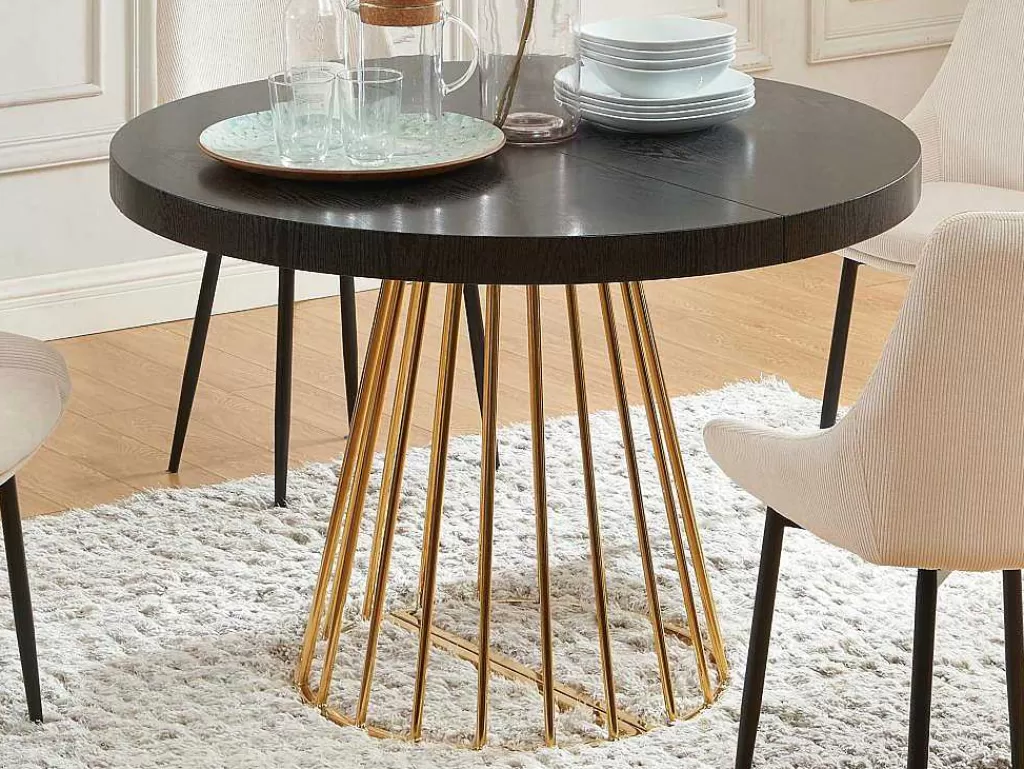 Mesa De Jantar*Vente-unique Mesa De Jantar Extensivel De 2 A 12 Lugares Em Mdf E Aco Preto E Dourado - Firela