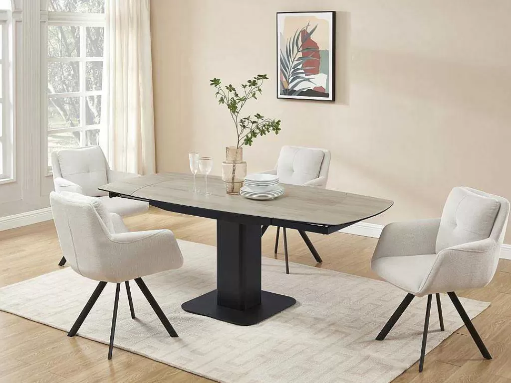 Promoções Sala*Maison Céphy Mesa De Jantar Extensivel De 4 A 8 Lugares Em Ceramica, Vidro Temperado, Metal E Mdf, Natural Claro E Preto - Taloza
