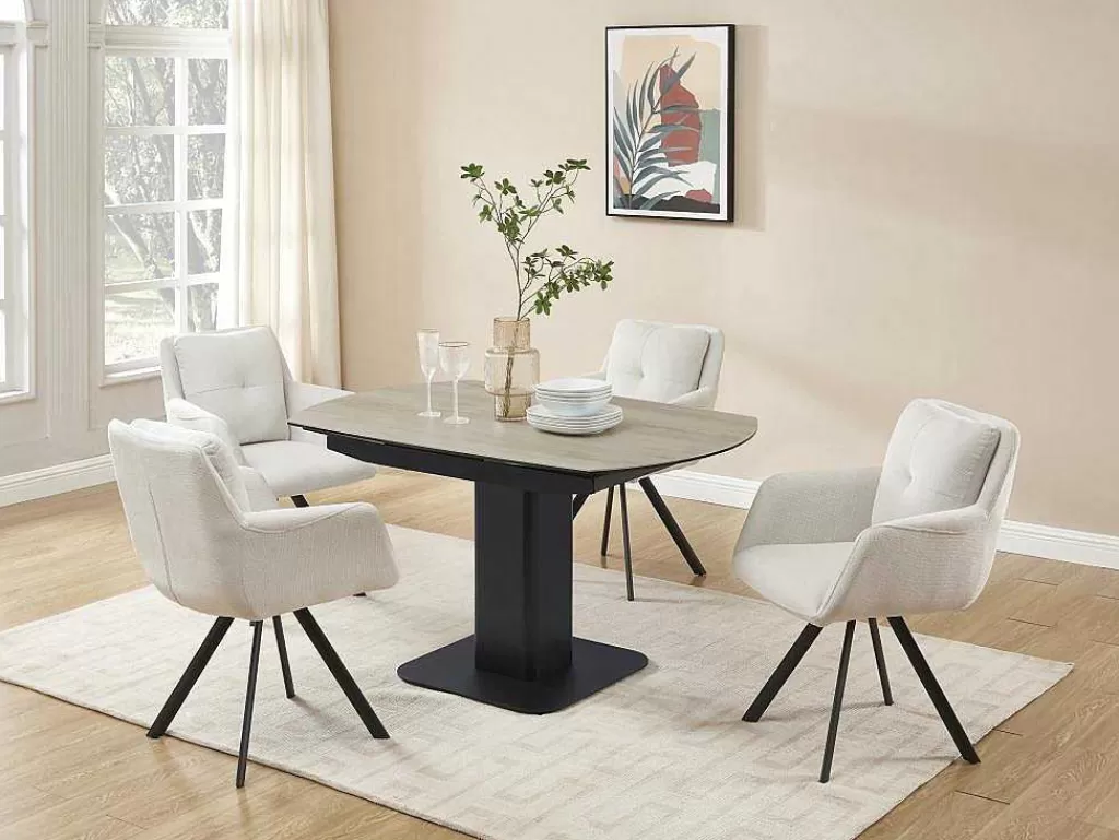 Promoções Sala*Maison Céphy Mesa De Jantar Extensivel De 4 A 8 Lugares Em Ceramica, Vidro Temperado, Metal E Mdf, Natural Claro E Preto - Taloza