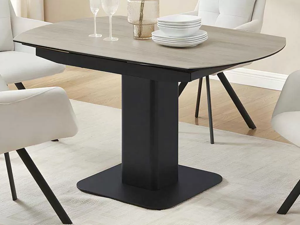 Promoções Sala*Maison Céphy Mesa De Jantar Extensivel De 4 A 8 Lugares Em Ceramica, Vidro Temperado, Metal E Mdf, Natural Claro E Preto - Taloza