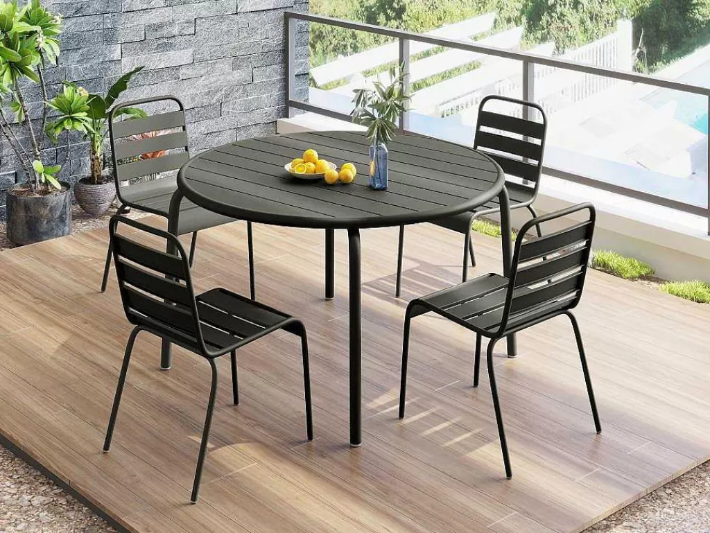 Conjunto Mesa E Cadeiras De Jardim*MYLIA Mesa Redonda De Jardim D. 110 Cm Em Metal Cinzento-Escuro - Mirmande