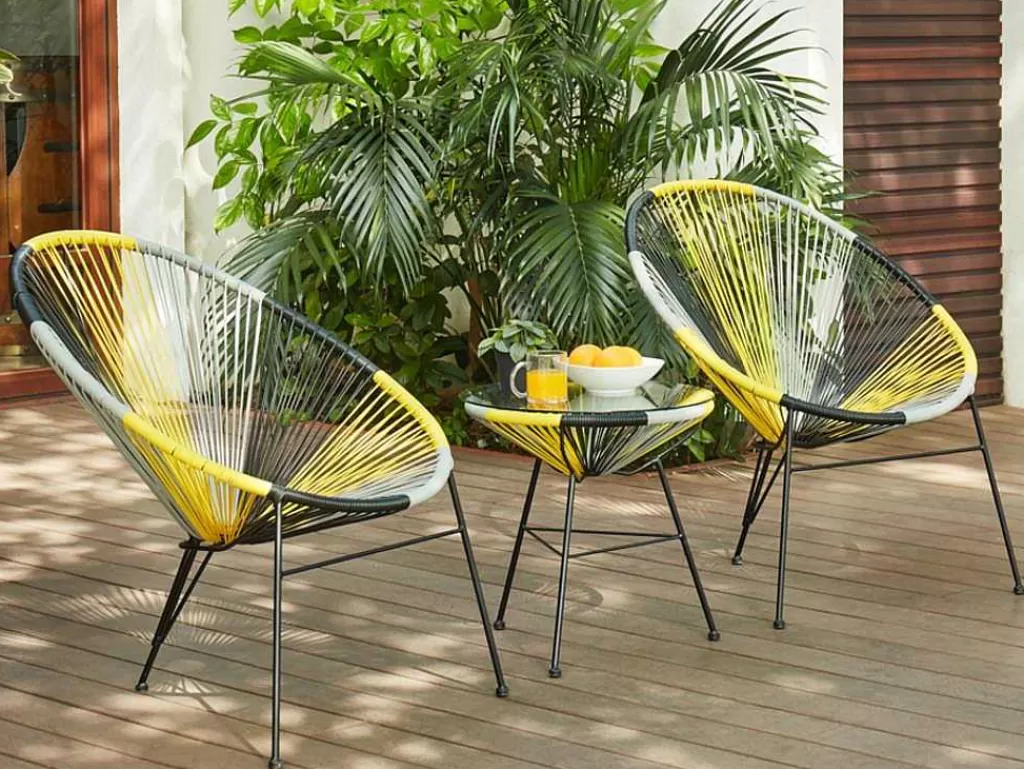 Conjunto Relax De Jardim*MYLIA Mobiliário De Jardim De Fibra De Resina Entrancada - Amarelo, Cinzento, Preto: 2 Cadeiras E Uma Mesa - Alios Ii
