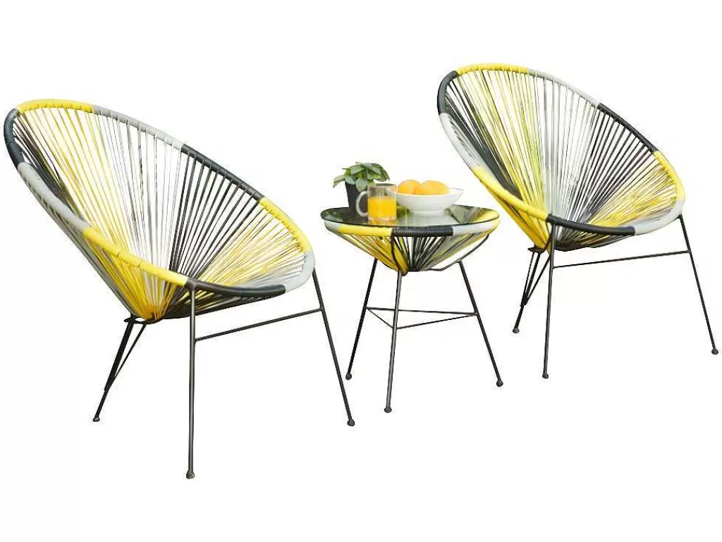 Conjunto Relax De Jardim*MYLIA Mobiliário De Jardim De Fibra De Resina Entrancada - Amarelo, Cinzento, Preto: 2 Cadeiras E Uma Mesa - Alios Ii
