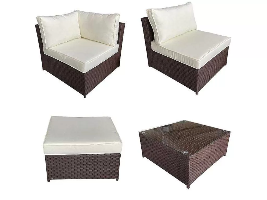 Conjunto Relax De Jardim*Happy Garden Mobiliário De Jardim De Resina Castanha Cargese 7 Lugares - Almofadas De Creme