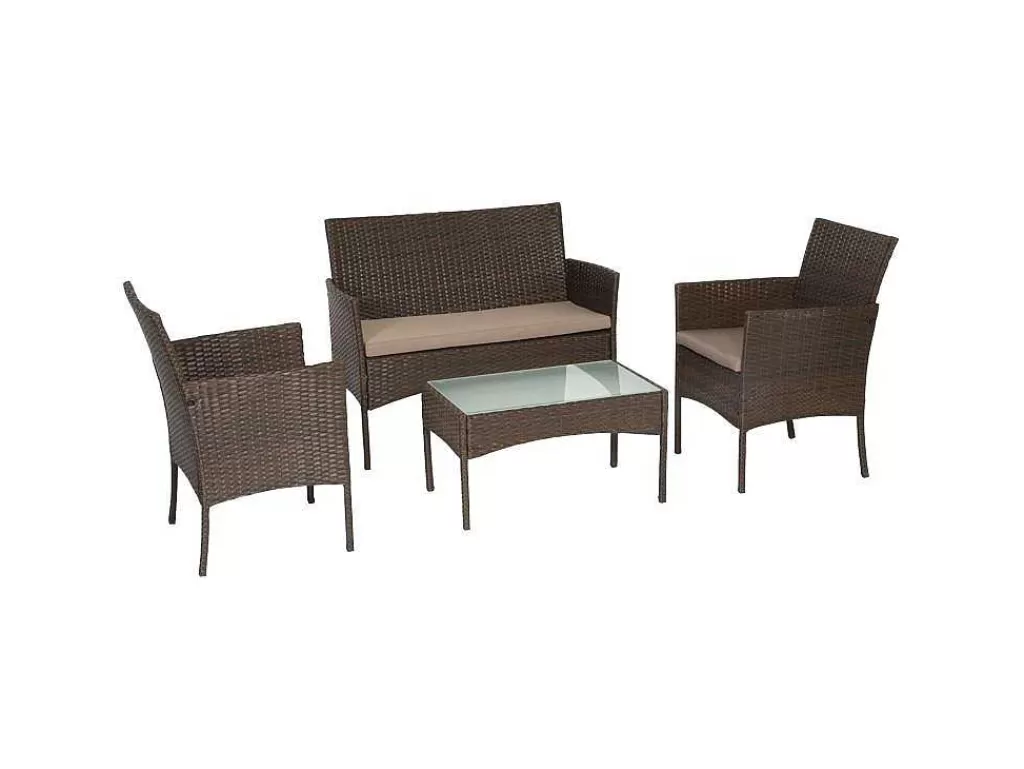 Conjunto Relax De Jardim*Happy Garden Mobiliário De Jardim Em Resina Tecida Castanha Cordoue 4 Lugares - Almofadas Em Fita