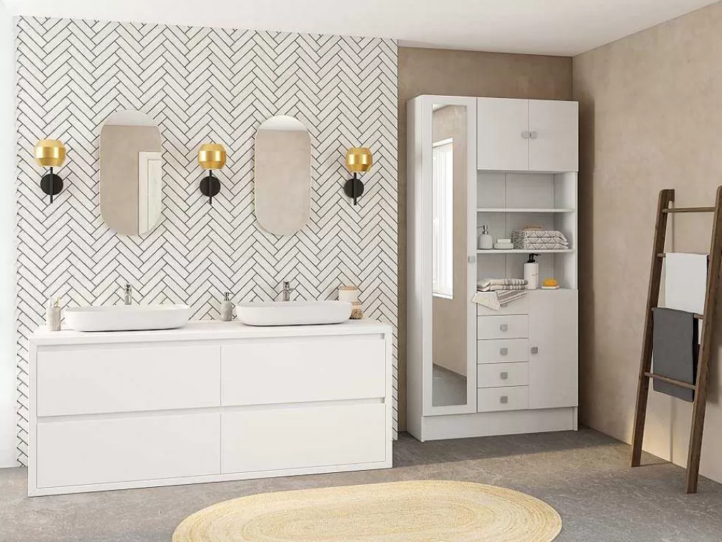 Coluna De Casa De Banho*Vente-unique Móvel Com Varios Espacos De Arrumação E Com Espelho Cor Branco - Muliran