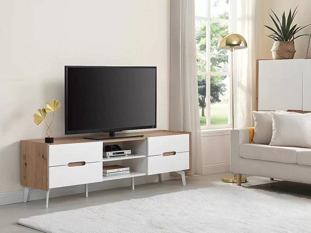 Móvel De Tv*Vente-unique Móvel De 4 Gavetas E 2 Nichos Em Mdf E Metal Lacado A Branco E Natural - Cayana
