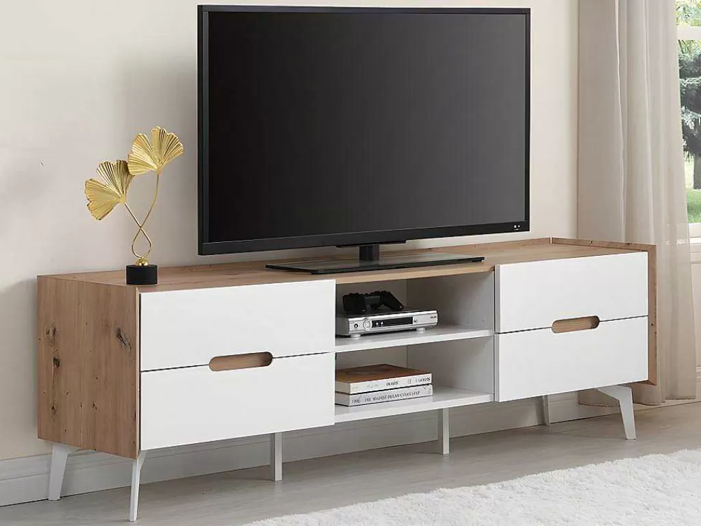 Móvel De Tv*Vente-unique Móvel De 4 Gavetas E 2 Nichos Em Mdf E Metal Lacado A Branco E Natural - Cayana