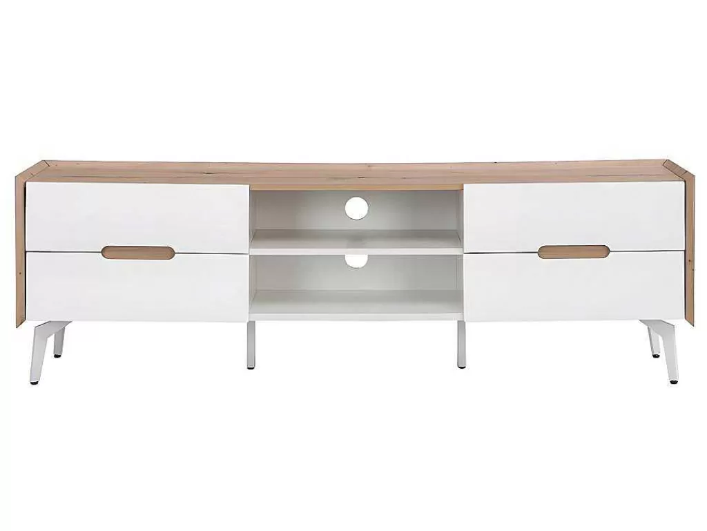 Móvel De Tv*Vente-unique Móvel De 4 Gavetas E 2 Nichos Em Mdf E Metal Lacado A Branco E Natural - Cayana