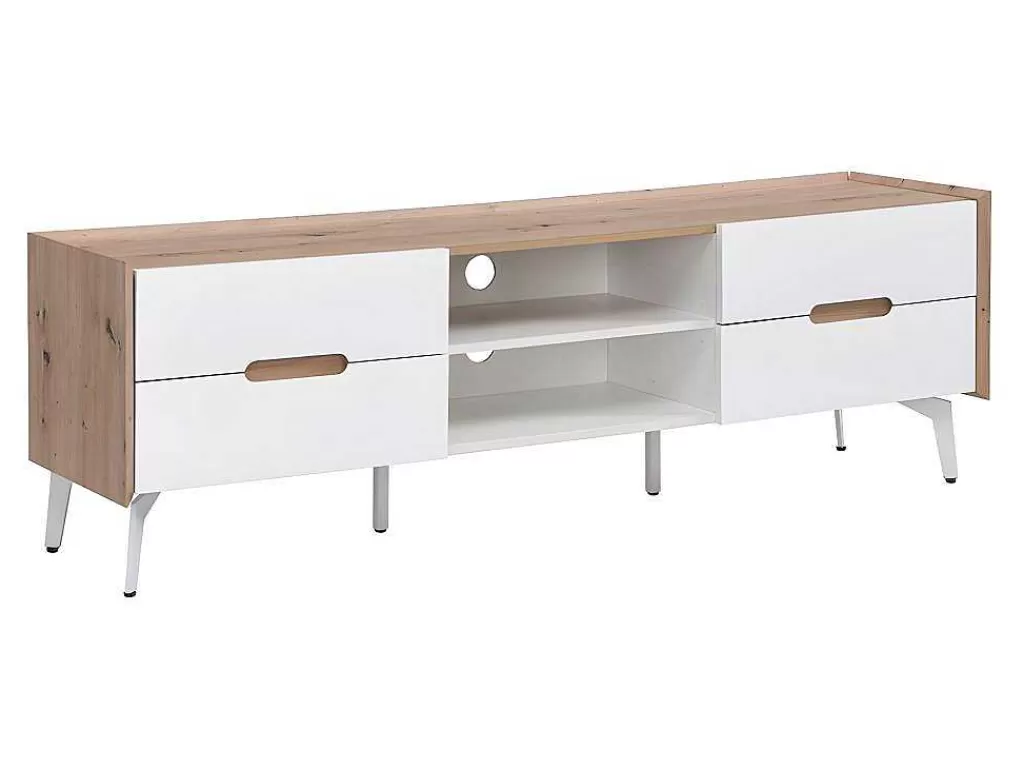 Móvel De Tv*Vente-unique Móvel De 4 Gavetas E 2 Nichos Em Mdf E Metal Lacado A Branco E Natural - Cayana