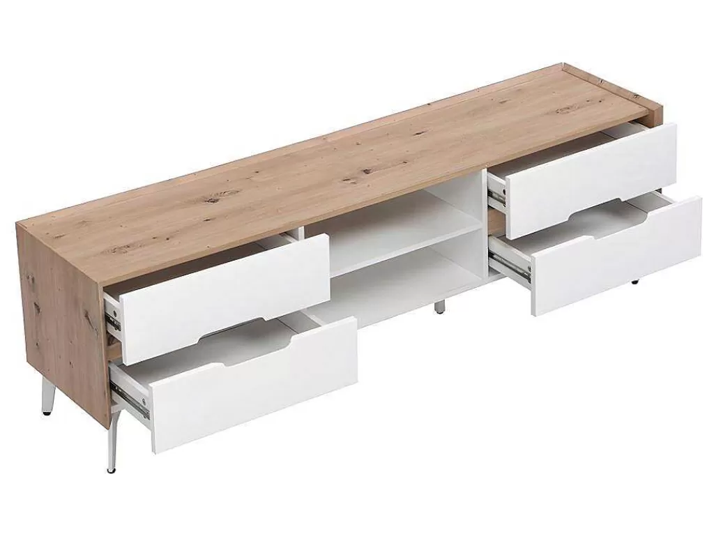 Móvel De Tv*Vente-unique Móvel De 4 Gavetas E 2 Nichos Em Mdf E Metal Lacado A Branco E Natural - Cayana