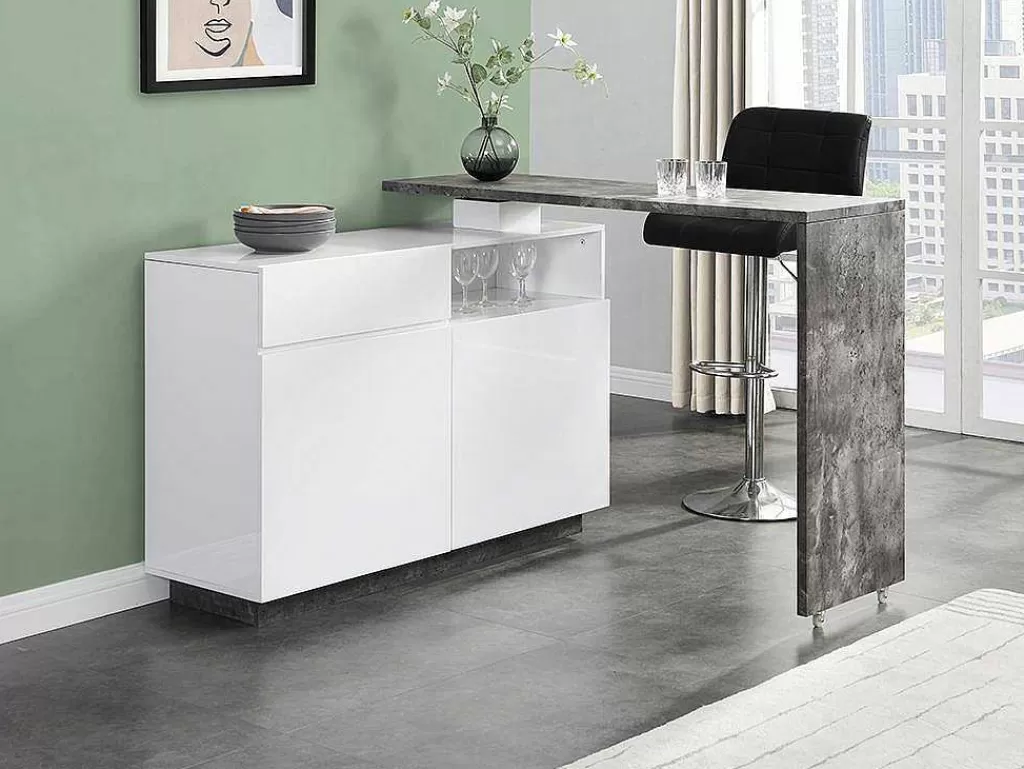 Móvel De Bar*Vente-unique Móvel De Bar Giratorio Com 2 Portas, 1 Gaveta E 1 Nicho Em Mdf Lacado A Branco E Cinza Cimento - Eldir