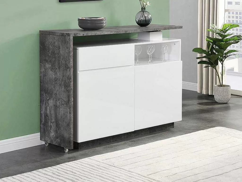 Móvel De Bar*Vente-unique Móvel De Bar Giratorio Com 2 Portas, 1 Gaveta E 1 Nicho Em Mdf Lacado A Branco E Cinza Cimento - Eldir