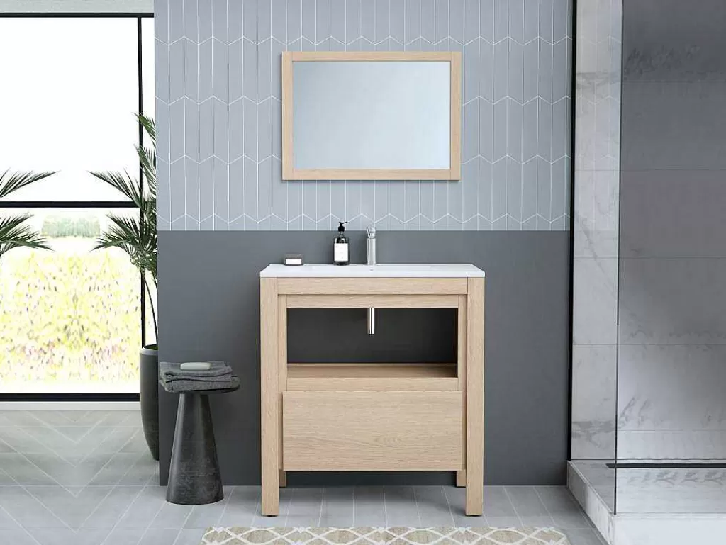 Móvel Lavatório Individual*Vente-unique Móvel De Casa De Banho Com Lavatório De Encastrar, Folha De Carvalho, 80 Cm - Cosmoti