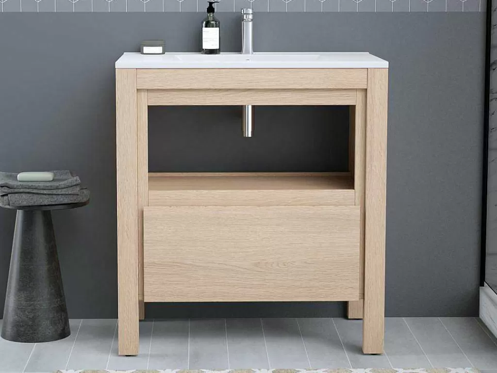 Móvel Lavatório Individual*Vente-unique Móvel De Casa De Banho Com Lavatório De Encastrar, Folha De Carvalho, 80 Cm - Cosmoti