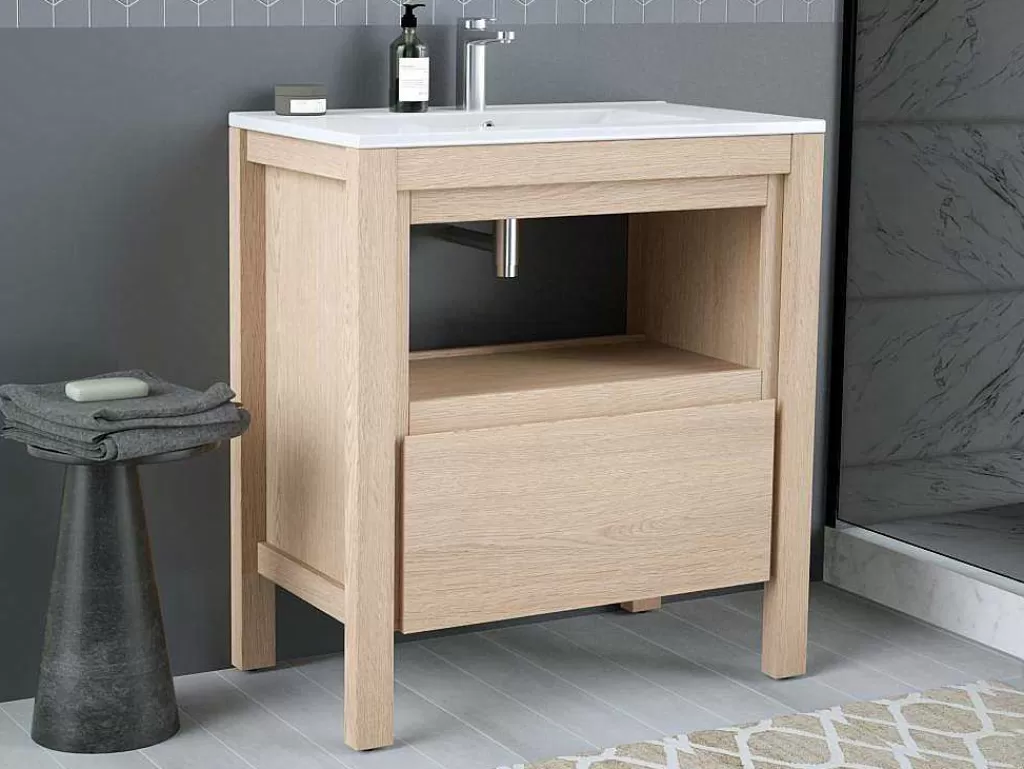 Móvel Lavatório Individual*Vente-unique Móvel De Casa De Banho Com Lavatório De Encastrar, Folha De Carvalho, 80 Cm - Cosmoti