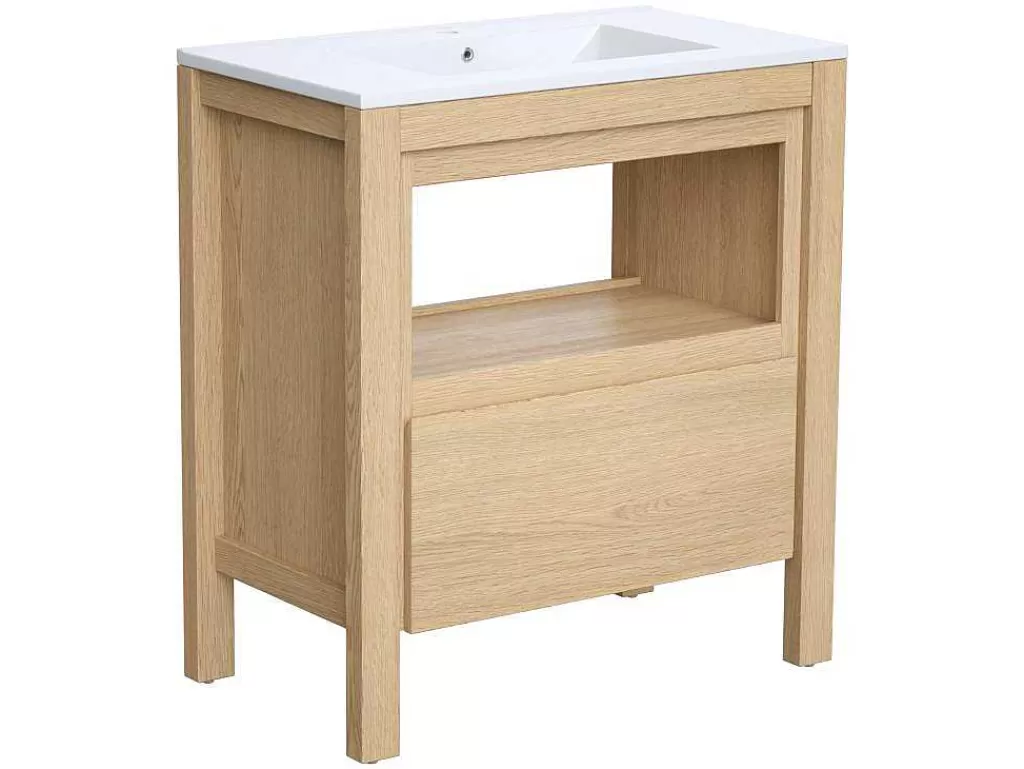 Móvel Lavatório Individual*Vente-unique Móvel De Casa De Banho Com Lavatório De Encastrar, Folha De Carvalho, 80 Cm - Cosmoti