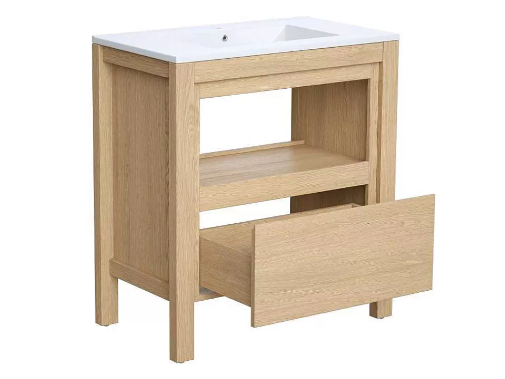 Móvel Lavatório Individual*Vente-unique Móvel De Casa De Banho Com Lavatório De Encastrar, Folha De Carvalho, 80 Cm - Cosmoti