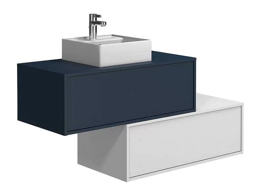 Móvel Lavatório Individual*Vente-unique Móvel De Casa De Banho Suspenso Azul-Escuro E Branco Lavatório Individual E Duas Gavetas - Teana Ii