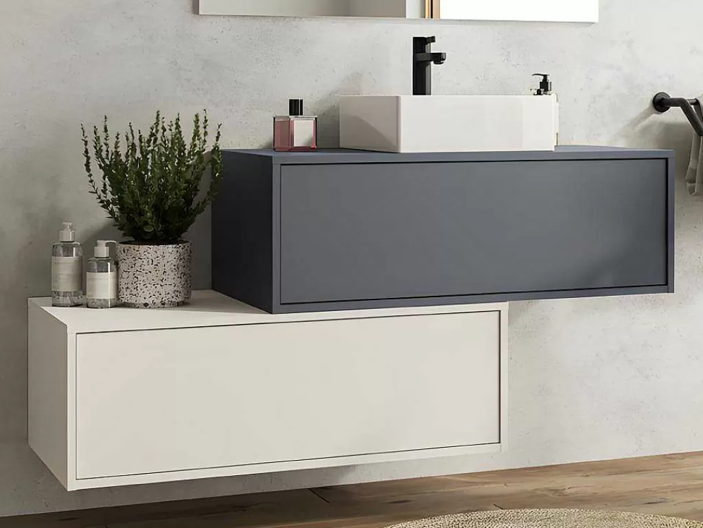 Móvel Lavatório Individual*Vente-unique Móvel De Casa De Banho Suspenso Cinza Antracite E Branco Com Lavatório Individual E Duas Gavetas 94 Cm - Teana Ii
