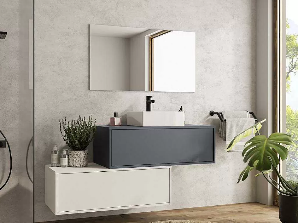 Móvel Lavatório Individual*Vente-unique Móvel De Casa De Banho Suspenso Cinza Antracite E Branco Com Lavatório Individual E Duas Gavetas 94 Cm - Teana Ii