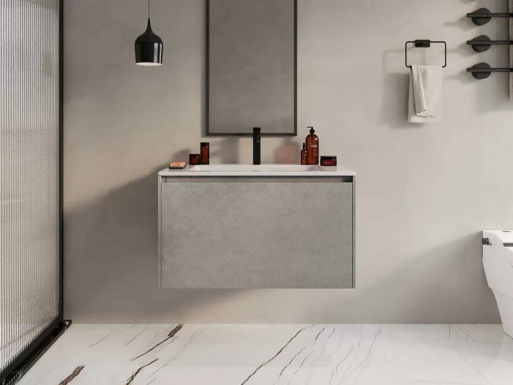 Móvel Lavatório Individual*Vente-unique Móvel De Casa De Banho Suspenso Com Lavatório Embutido Cinza Cimento, 80 Cm - Sosthene