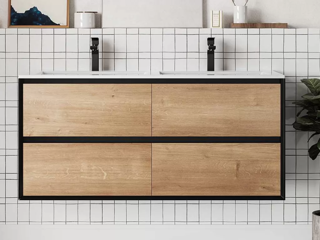 Móvel Lavatório Duplo*Vente-unique Móvel De Casa De Banho Suspenso Com Lavatório Embutido Cor Natural Clara E Preto 120 Cm - Lannick
