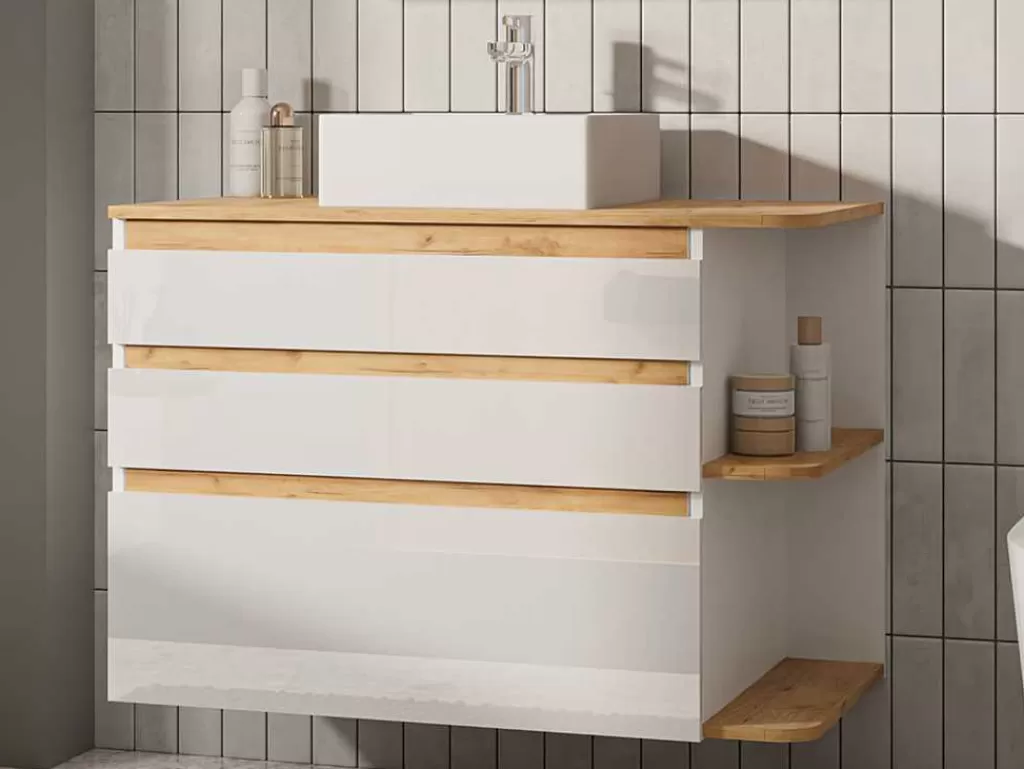 Móvel Lavatório Individual*Vente-unique Móvel De Casa De Banho Suspenso Com Lavatório Individual Cor Natural Clara E Branca Com 94 Cm - Anida