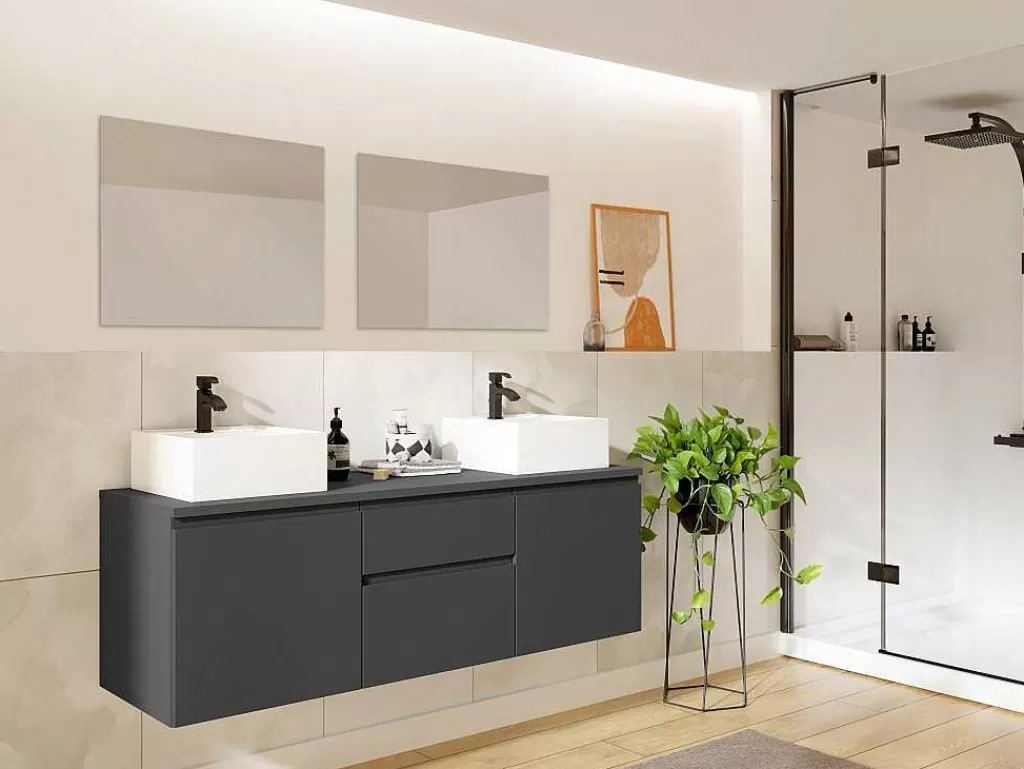 Móvel Lavatório Duplo*Vente-unique Móvel De Casa De Banho Suspenso Com Lavatórios Duplos E Espelhos - Cinza - 150 Cm - Jimena Ii