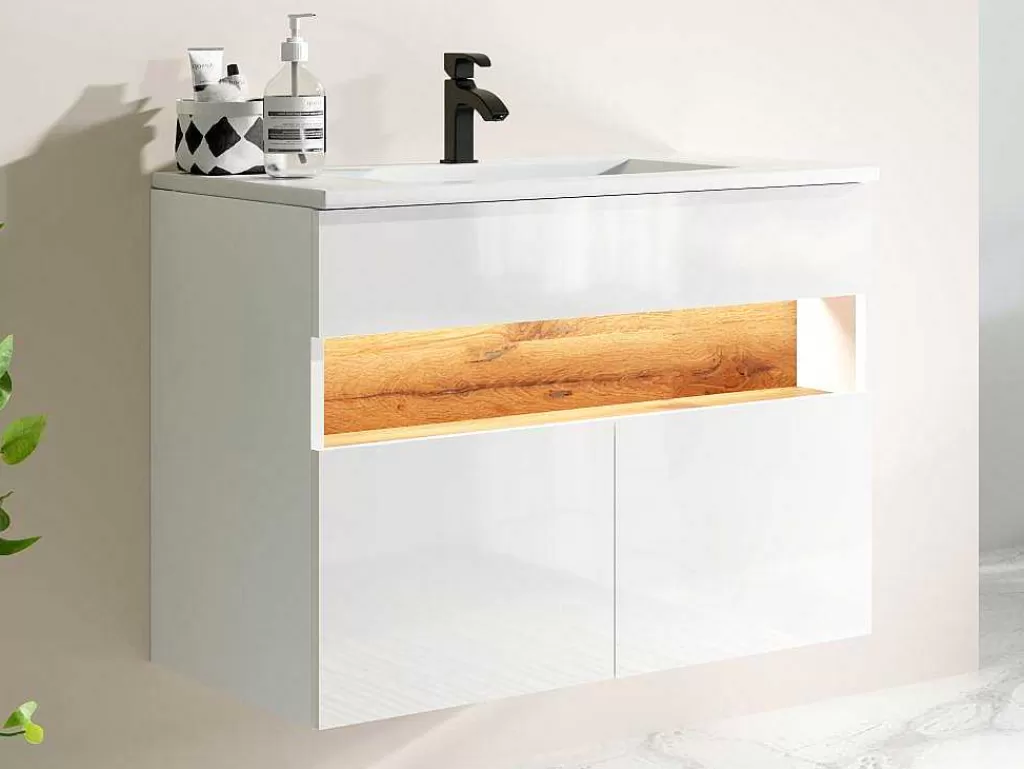 Móvel Lavatório Individual*Vente-unique Móvel De Casa De Banho Suspenso Com Leds E Lavatório De Encastrar, Branco E Natural Escuro C80 Cm - Pozega