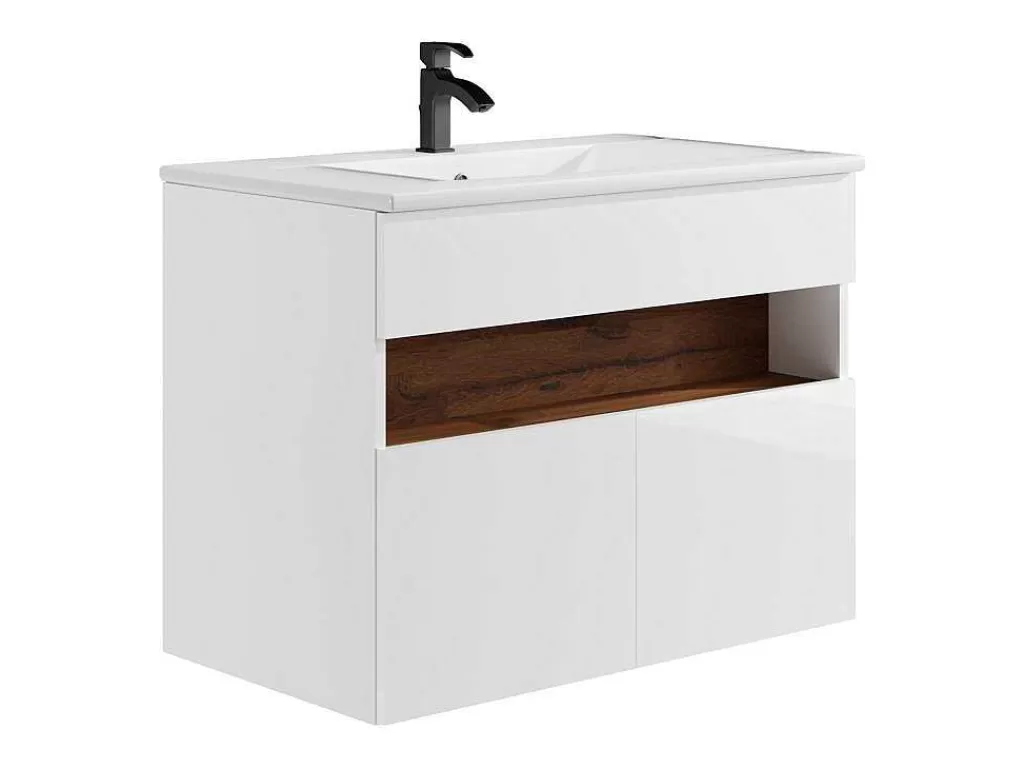 Móvel Lavatório Individual*Vente-unique Móvel De Casa De Banho Suspenso Com Leds E Lavatório De Encastrar, Branco E Natural Escuro C80 Cm - Pozega
