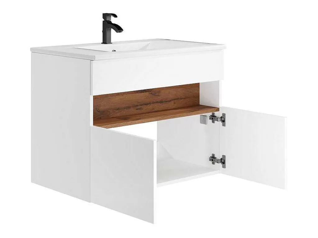 Móvel Lavatório Individual*Vente-unique Móvel De Casa De Banho Suspenso Com Leds E Lavatório De Encastrar, Branco E Natural Escuro C80 Cm - Pozega