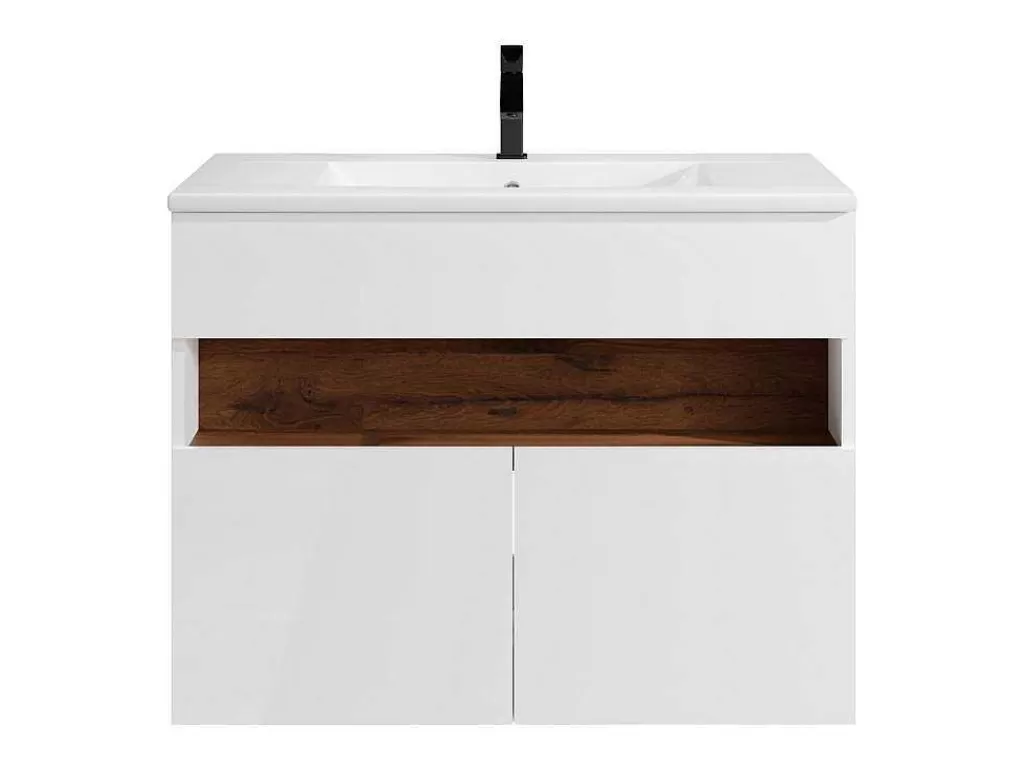 Móvel Lavatório Individual*Vente-unique Móvel De Casa De Banho Suspenso Com Leds E Lavatório De Encastrar, Branco E Natural Escuro C80 Cm - Pozega