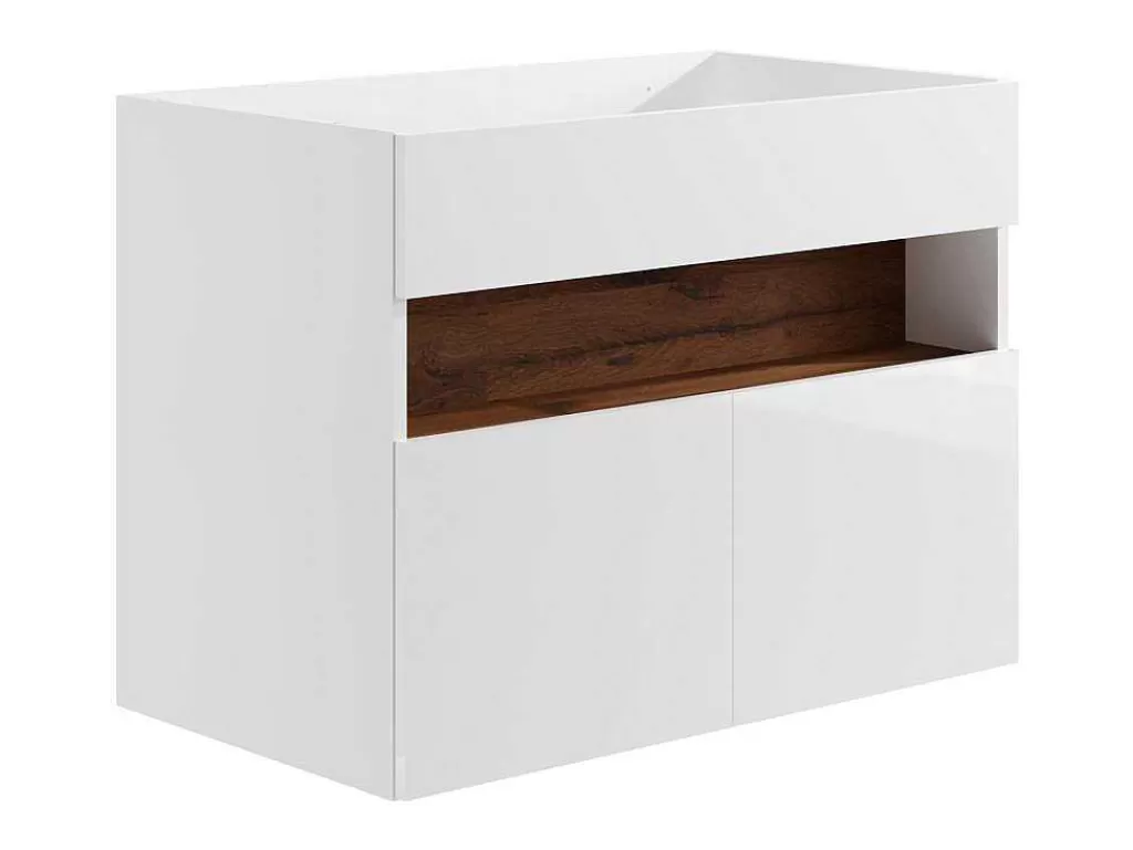 Móvel Lavatório Individual*Vente-unique Móvel De Casa De Banho Suspenso Com Leds E Lavatório De Encastrar, Branco E Natural Escuro C80 Cm - Pozega