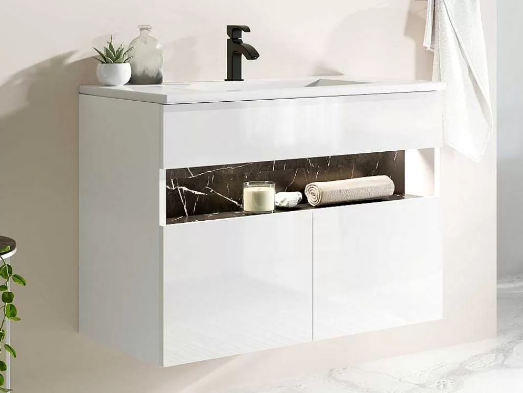 Móvel Lavatório Individual*Vente-unique Móvel De Casa De Banho Suspenso Com Leds E Lavatório De Encastrar, Branco E Preto Efeito Marmore C80 Cm - Pozega