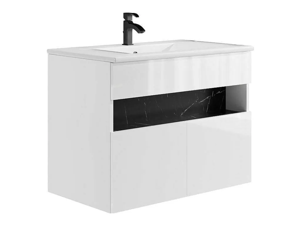 Móvel Lavatório Individual*Vente-unique Móvel De Casa De Banho Suspenso Com Leds E Lavatório De Encastrar, Branco E Preto Efeito Marmore C80 Cm - Pozega