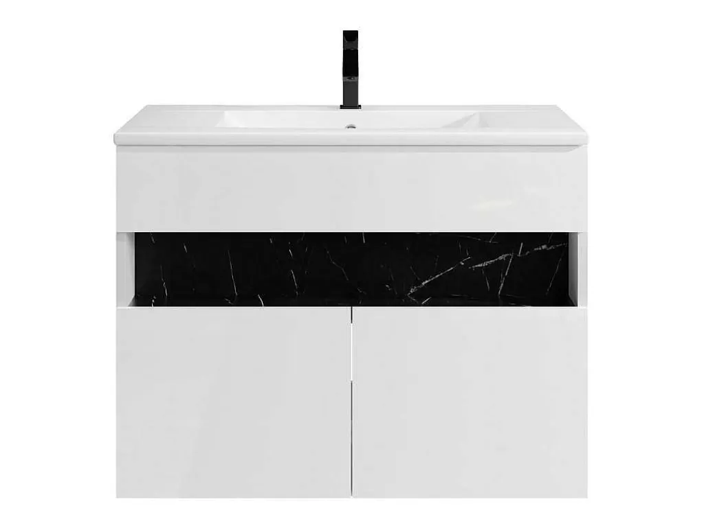 Móvel Lavatório Individual*Vente-unique Móvel De Casa De Banho Suspenso Com Leds E Lavatório De Encastrar, Branco E Preto Efeito Marmore C80 Cm - Pozega