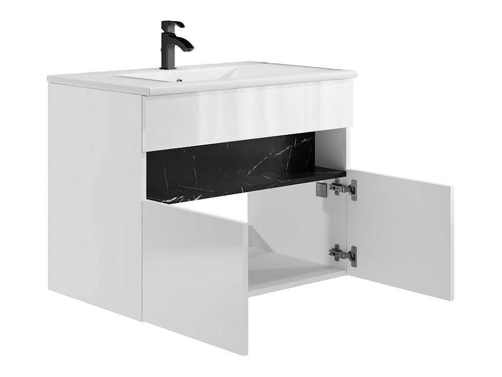 Móvel Lavatório Individual*Vente-unique Móvel De Casa De Banho Suspenso Com Leds E Lavatório De Encastrar, Branco E Preto Efeito Marmore C80 Cm - Pozega
