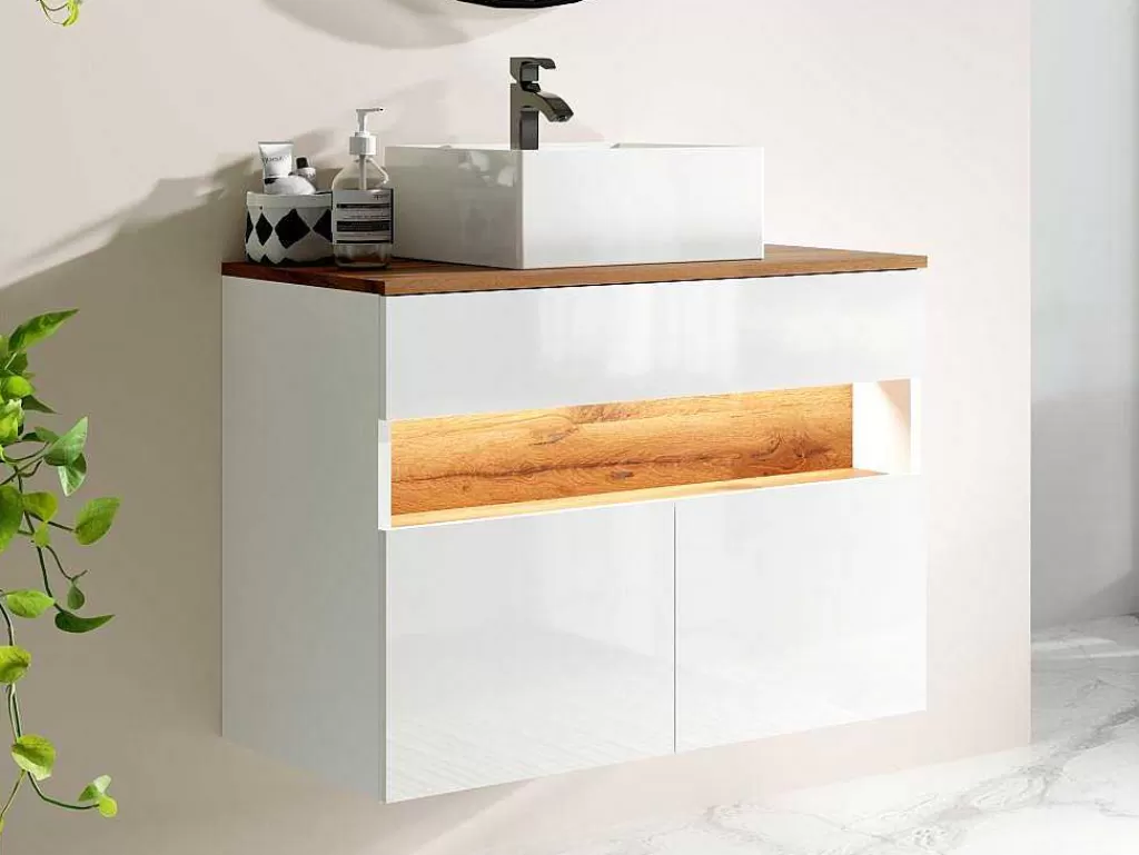 Móvel Lavatório Individual*Vente-unique Móvel De Casa De Banho Suspenso Com Leds E Lavatório De Pousar, Branco E Natural Escuro C80 Cm - Pozega